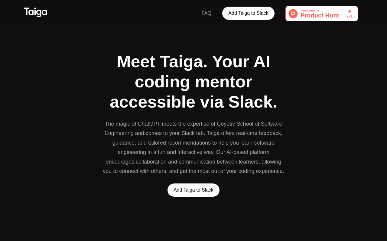 Screenshot of Taiga AI: Your AI-Powered Software Engineering Learning Companion in Slack