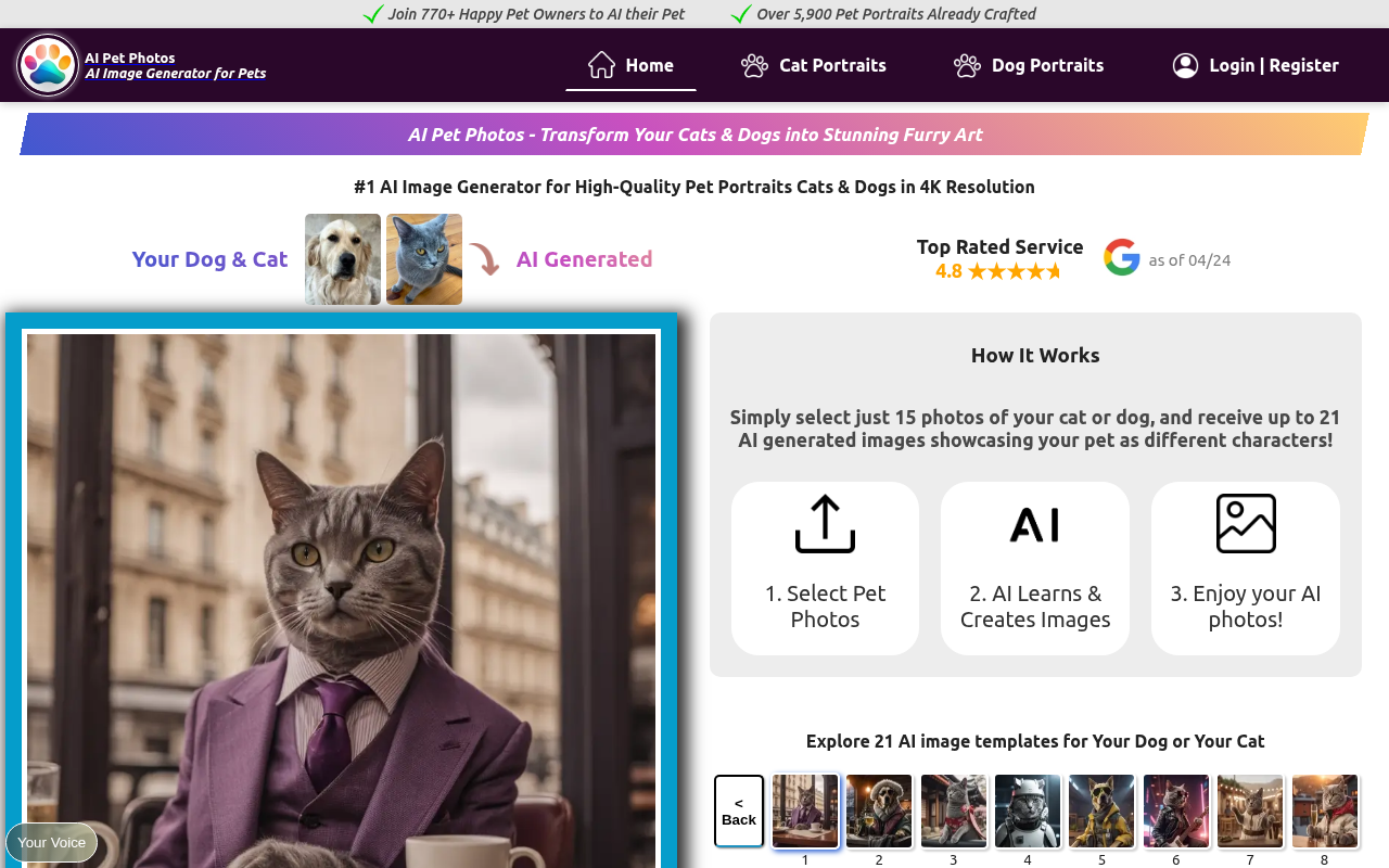 Screenshot of AI Pet Photos: Custom AI-Generated Art for Your Furry Friend