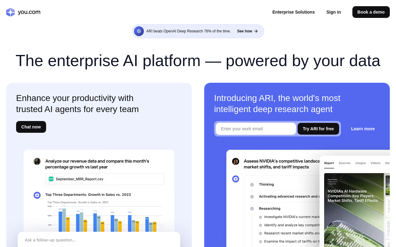 Screenshot of You.com: Boost Workplace Productivity with Your AI Assistant