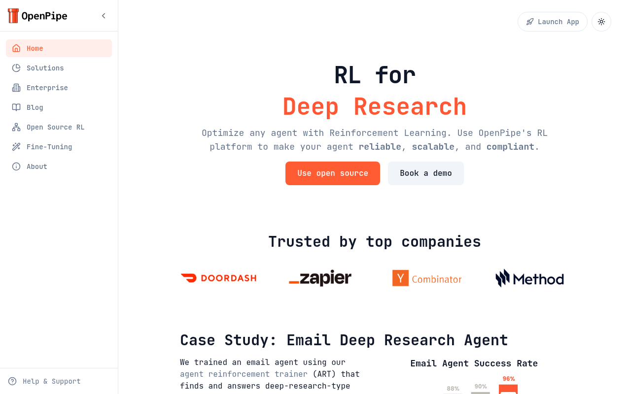 Screenshot of OpenPipe: Streamlining AI Agent Development and Reinforcement Learning