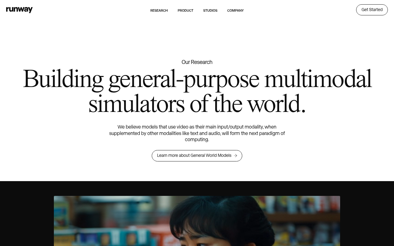 Screenshot of Runway Research: Exploring the Future of Multimodal AI