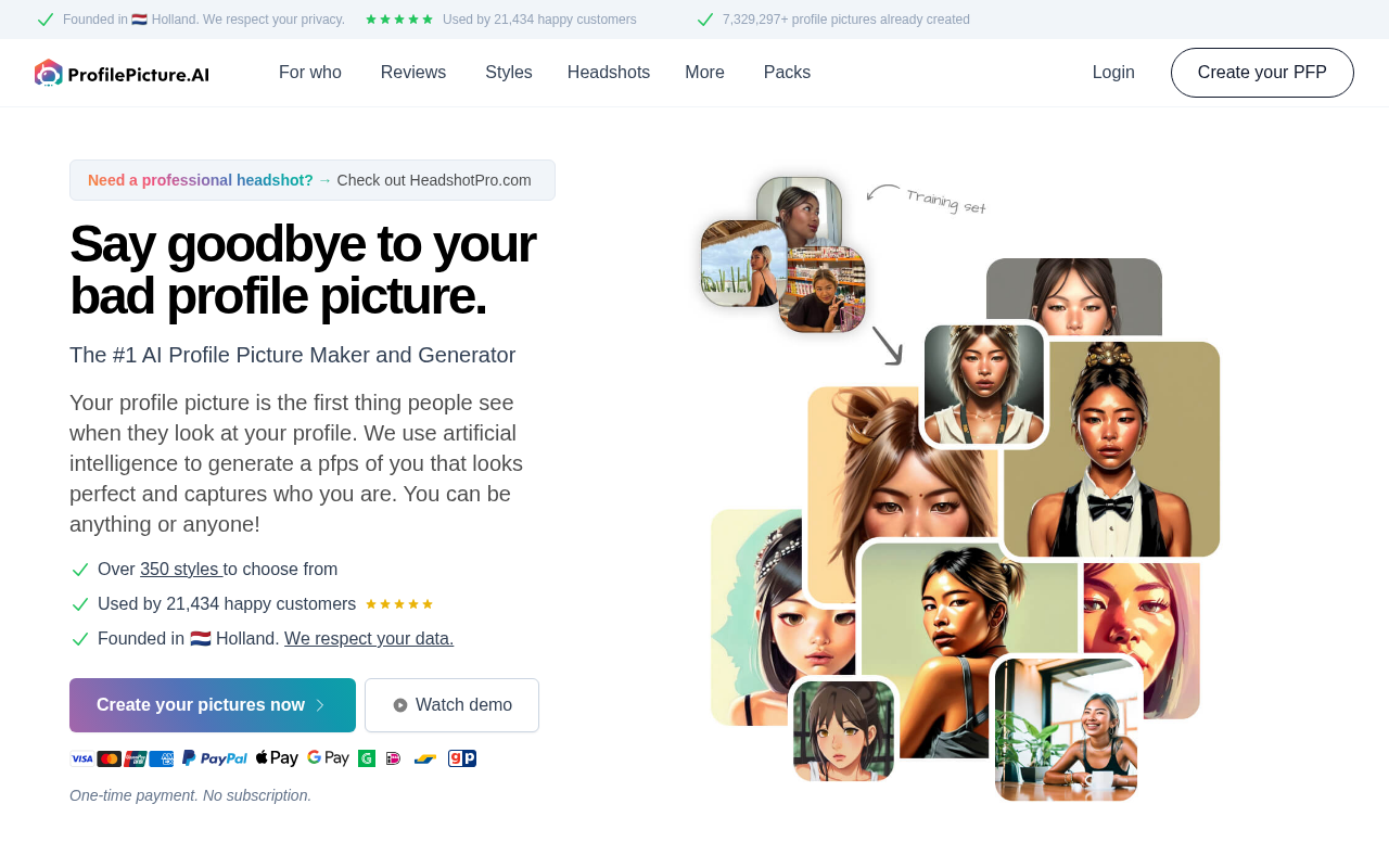 Screenshot of PFP.AI: Create Stunning AI Profile Pictures in Seconds