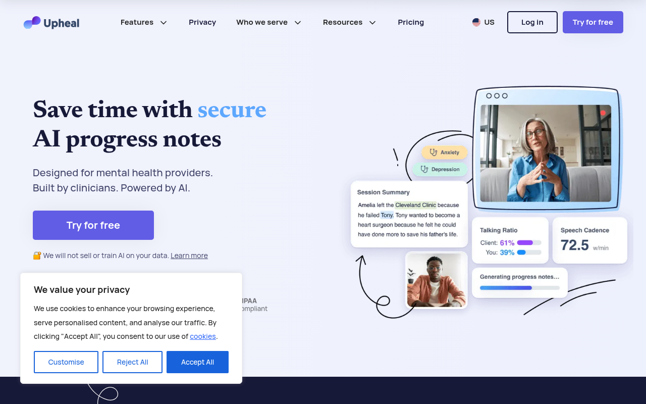 Screenshot of Upheal AI: Streamlining Mental Health Notes for Clinicians