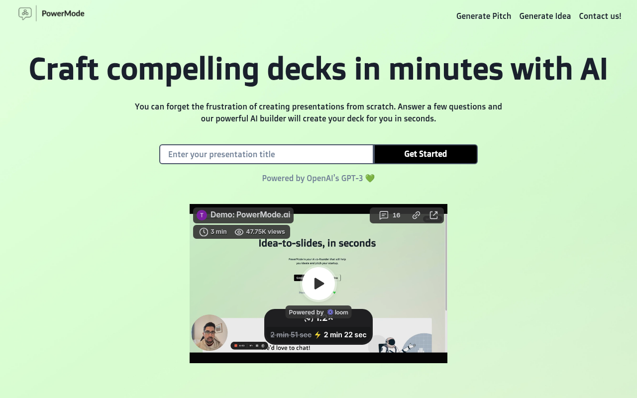 Screenshot of PowerMode AI: Generate Startup Ideas & Pitch Decks Instantly