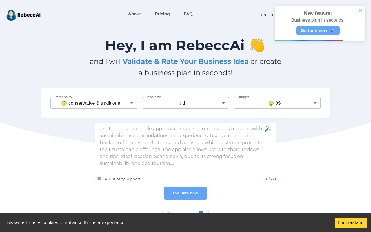 Screenshot of RebeccAi: AI-Powered Business Idea Validation for Startup Success