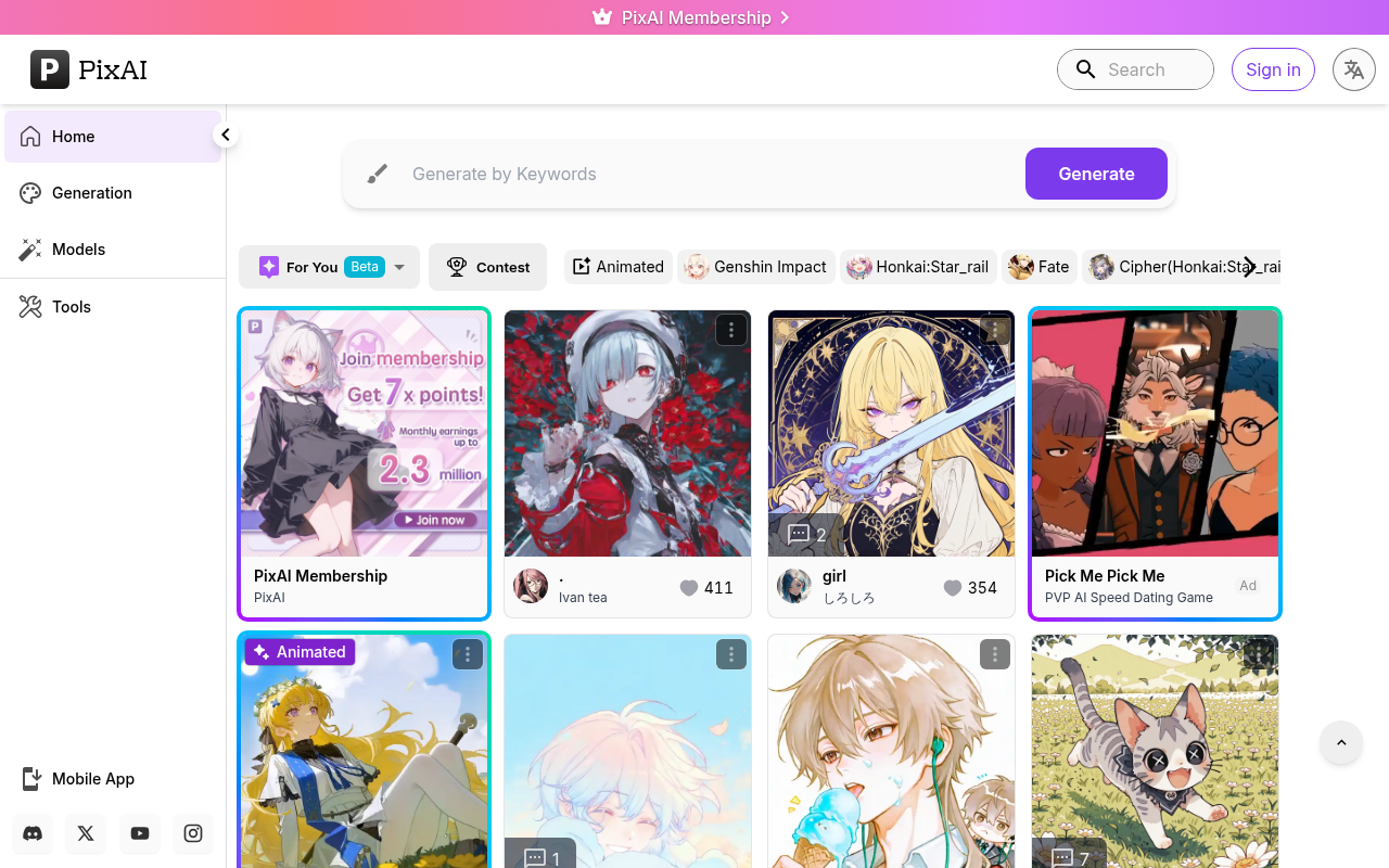 Screenshot of PixAI: Your Gateway to Effortless Anime AI Art Generation