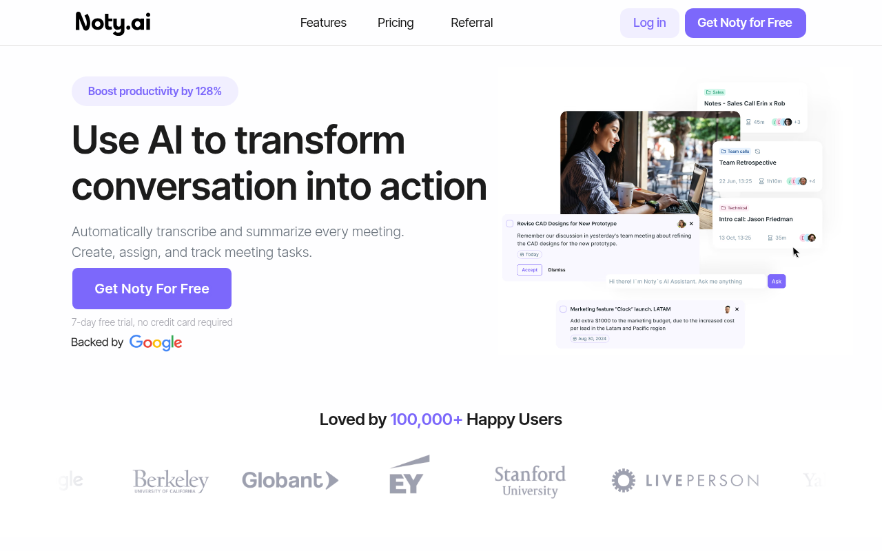 Screenshot of Noty.ai: Revolutionizing Meeting Productivity with AI
