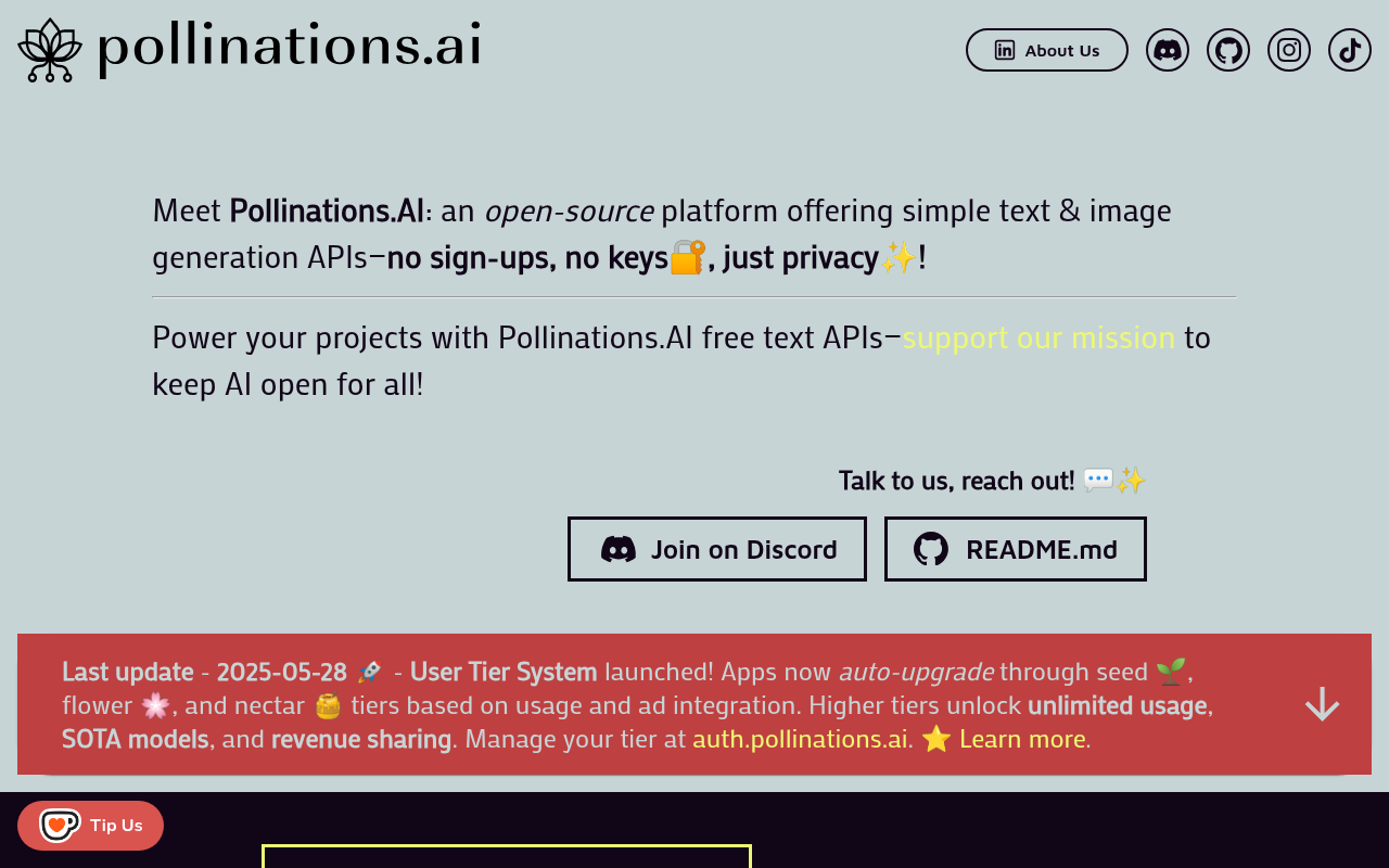 Screenshot of Pollinations.AI: Free AI Image Generation for Everyone