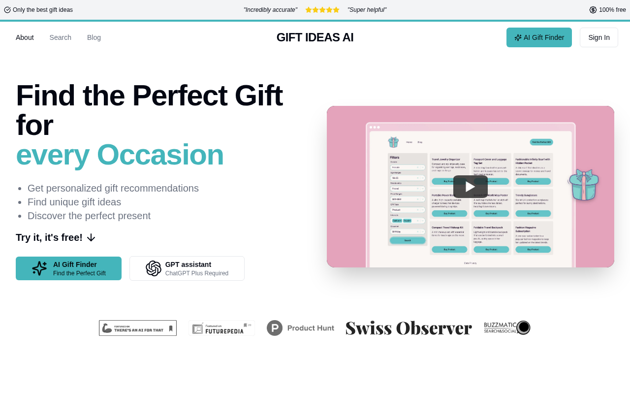 Screenshot of Gift Ideas AI: Personalized Gift Suggestions Powered by AI