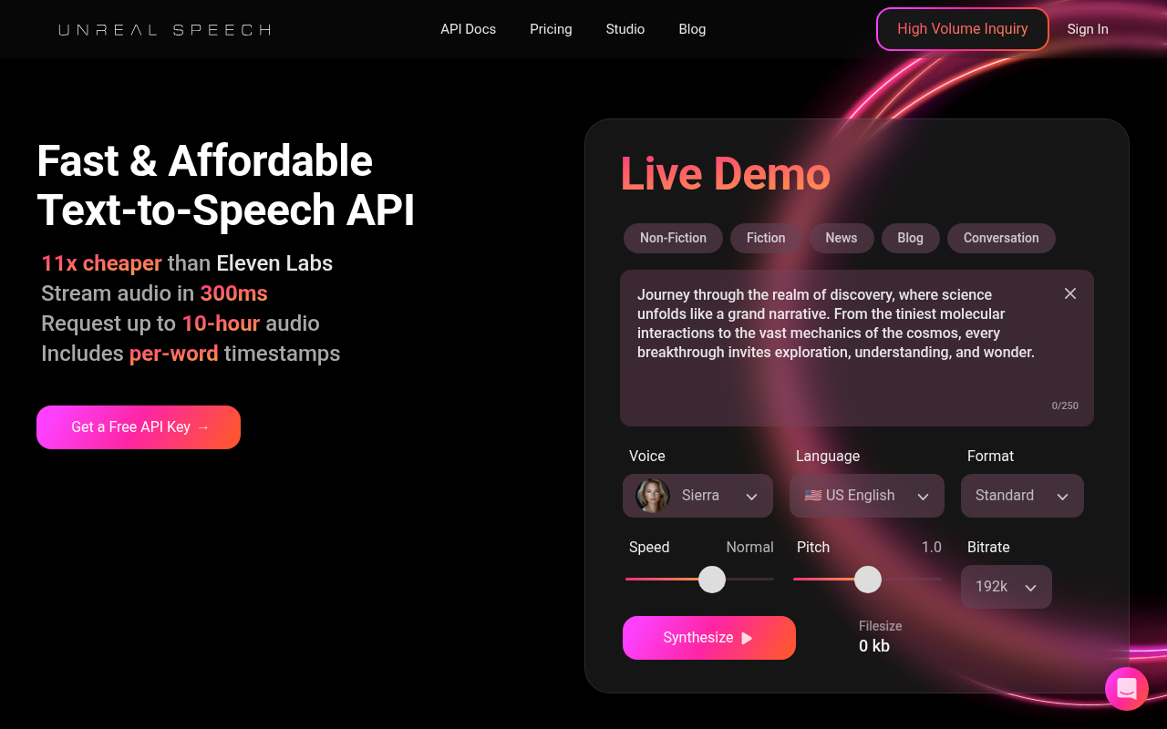 Screenshot of Unreal Speech: Affordable AI Text-to-Speech for Creators and Businesses