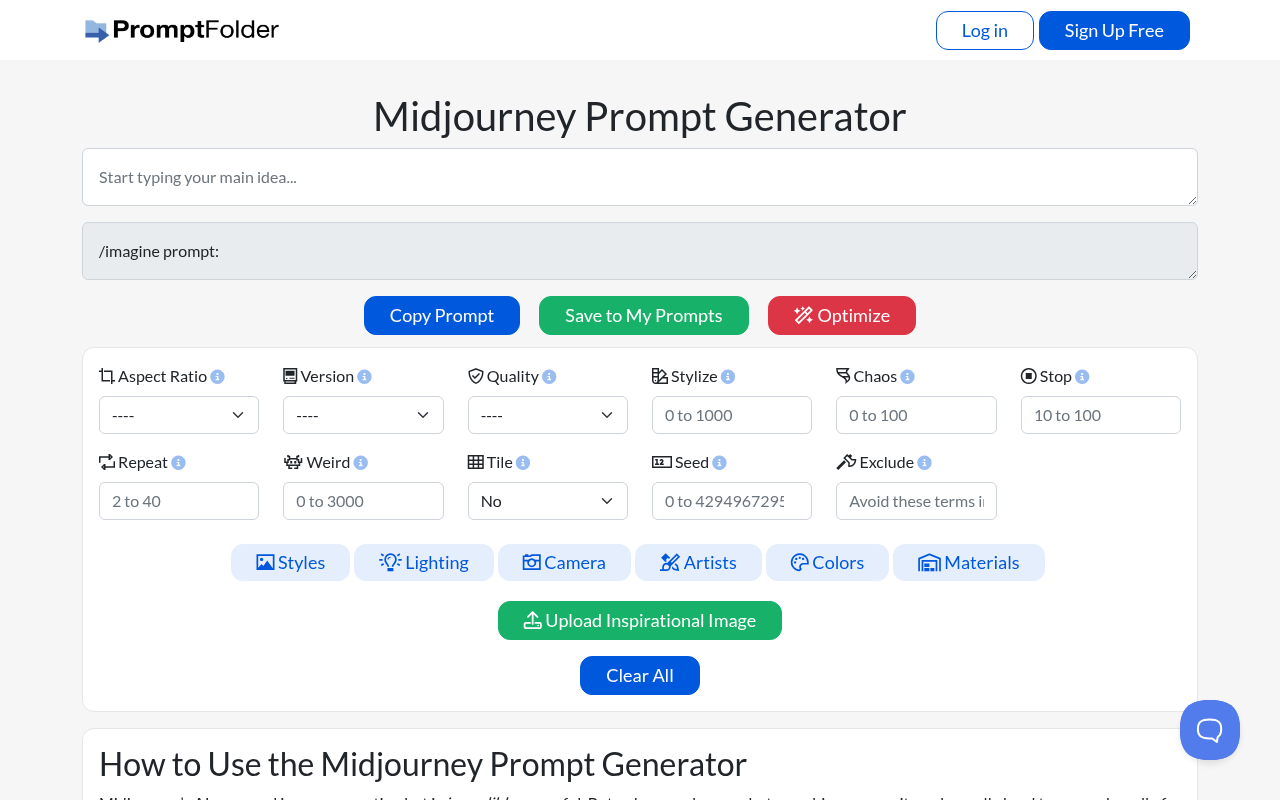 Screenshot of Noonshot's Prompt Generator: Master Midjourney in Minutes
