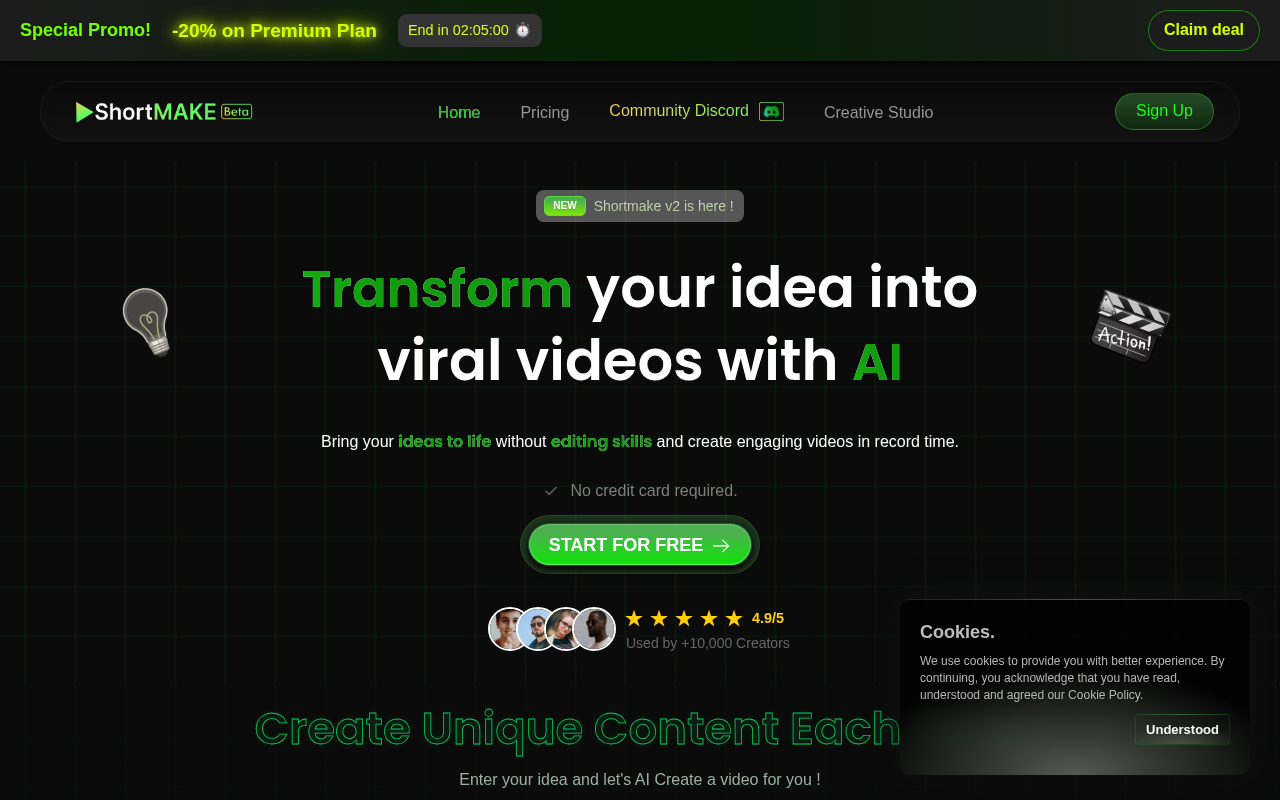 Screenshot of Shortmake AI: Effortless Short-Form Video Creation