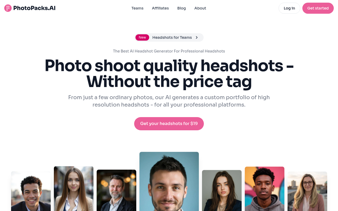 Screenshot of PhotoPacks.ai: AI-Powered Professional Headshots Made Easy