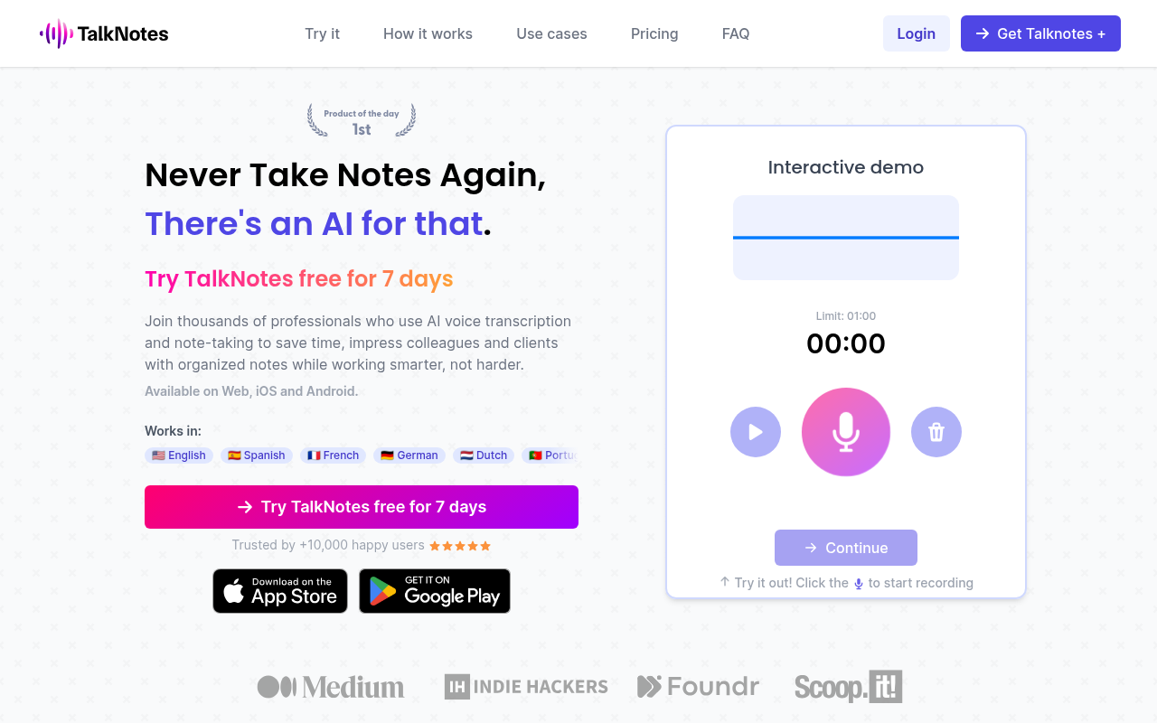 Screenshot of Talknotes AI: Voice Notes to Actionable Text - Boost Your Productivity!