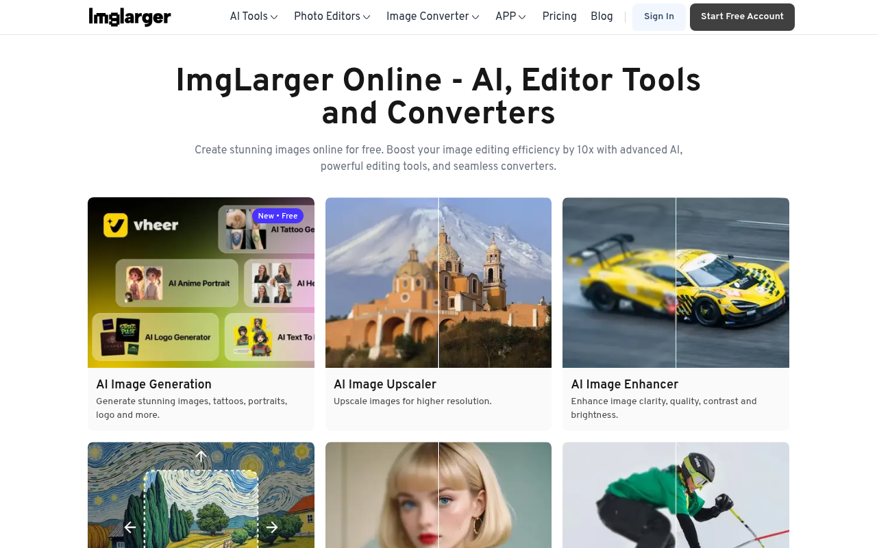 Screenshot of Imglarger: AI-Powered Image Enhancement and Editing Online