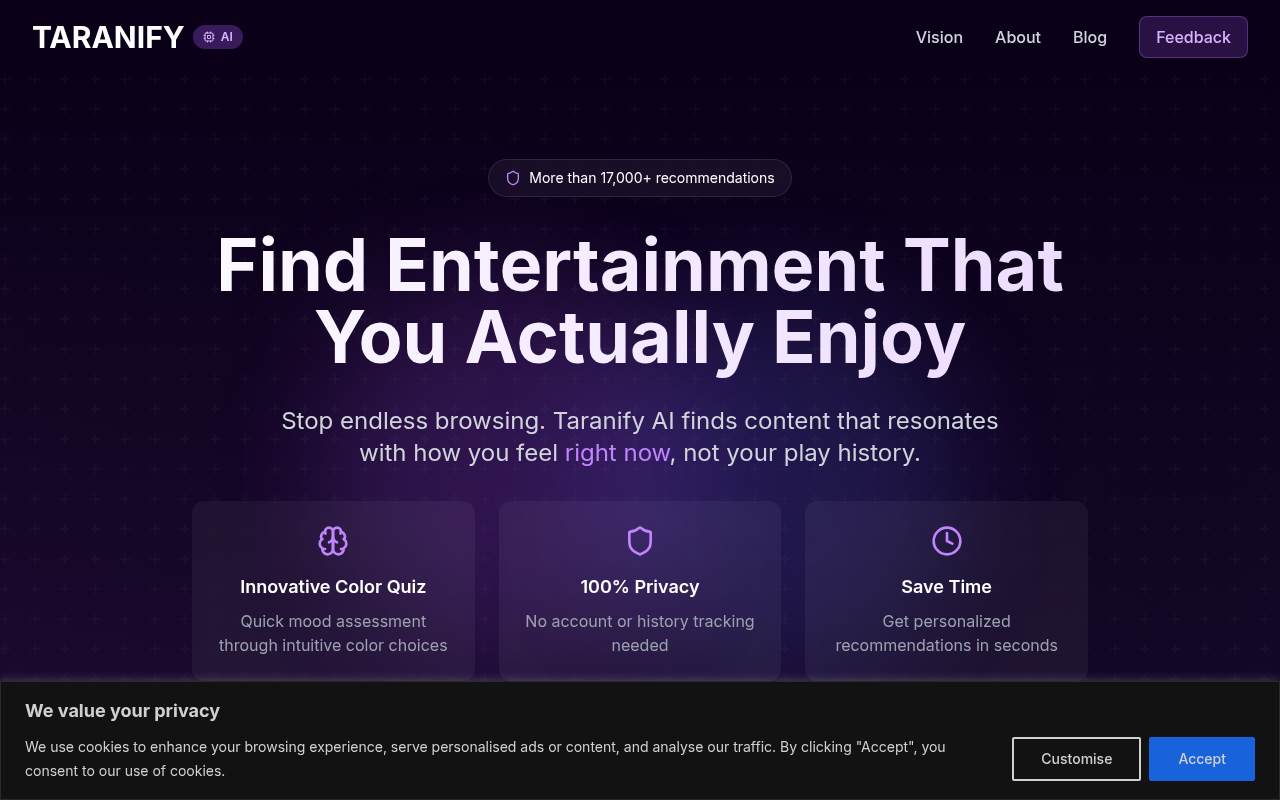 Screenshot of Taranify: Discover Entertainment Tailored to Your Mood