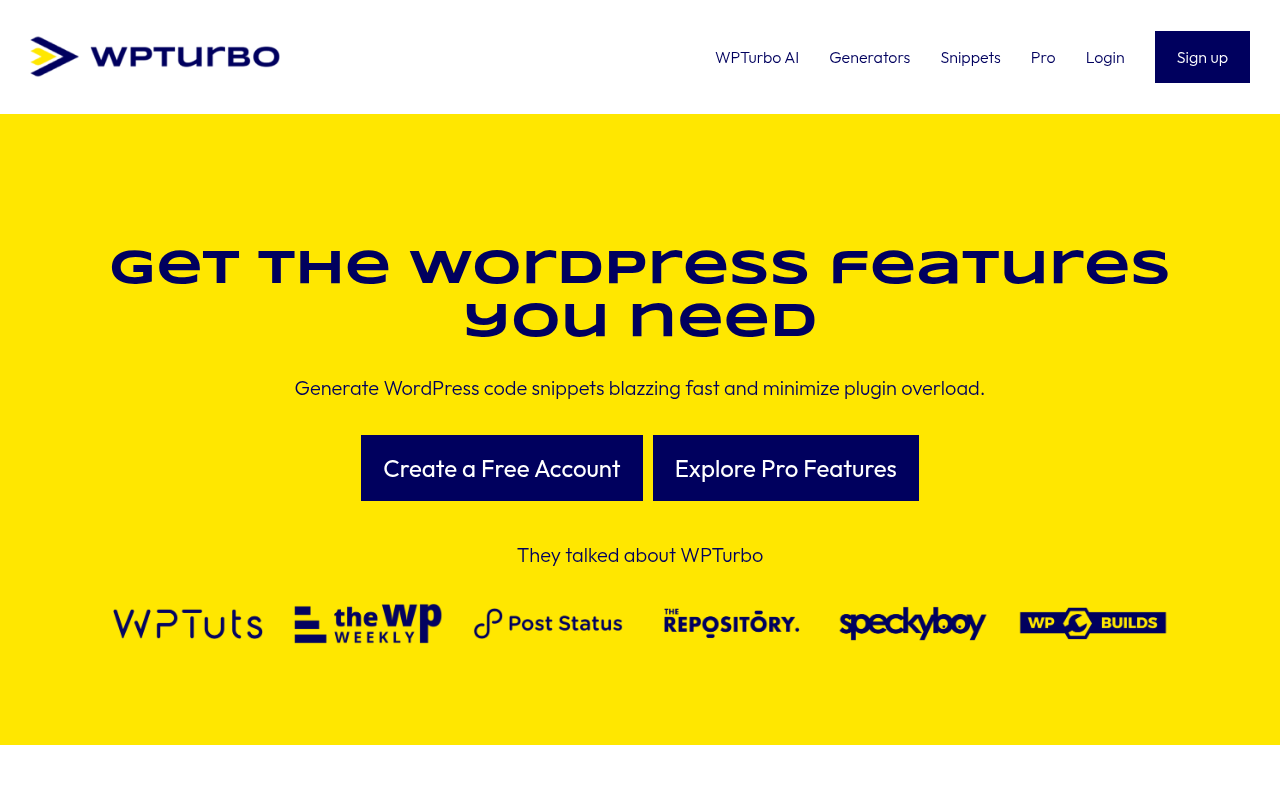 Screenshot of WPTurbo: AI-Powered WordPress Code Snippets for Faster Development