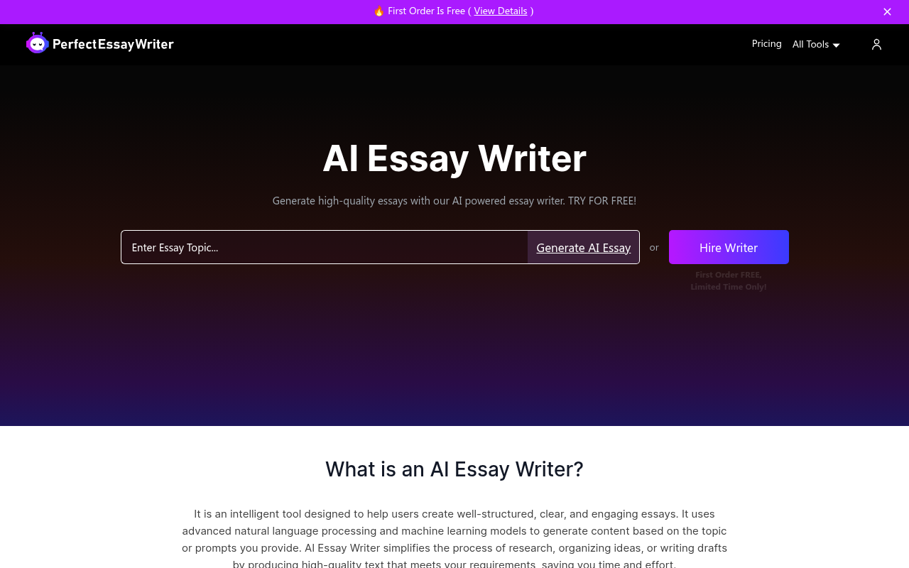 Screenshot of PerfectEssayWriter.ai: Your AI-Powered Essay Solution