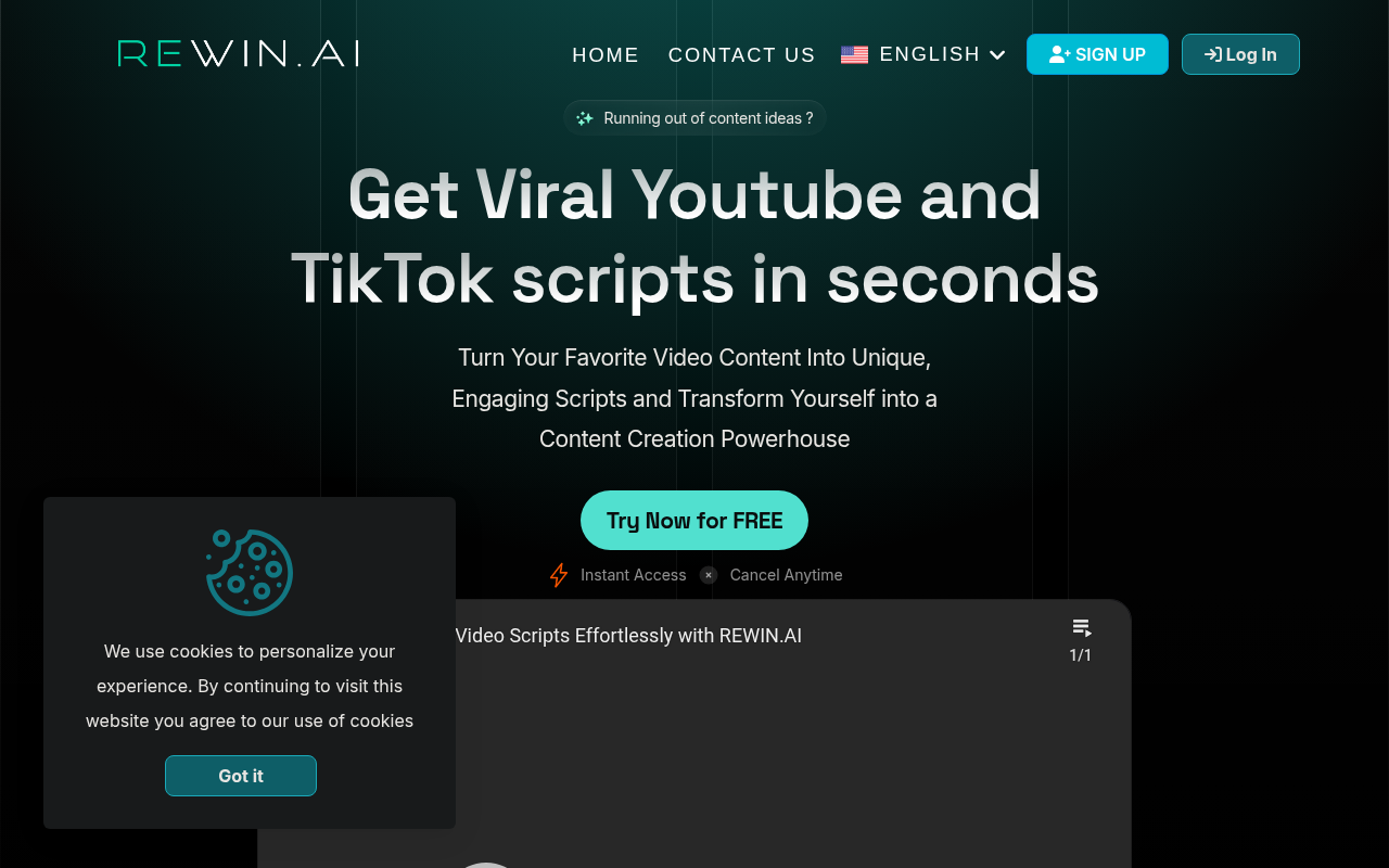 Screenshot of Rewin AI: Turbocharge Your Video Scripts for Viral Success