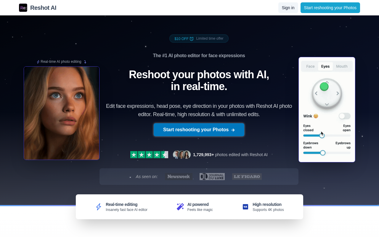 Screenshot of Reshot AI: Transform Your Photos with AI-Powered Face Editing