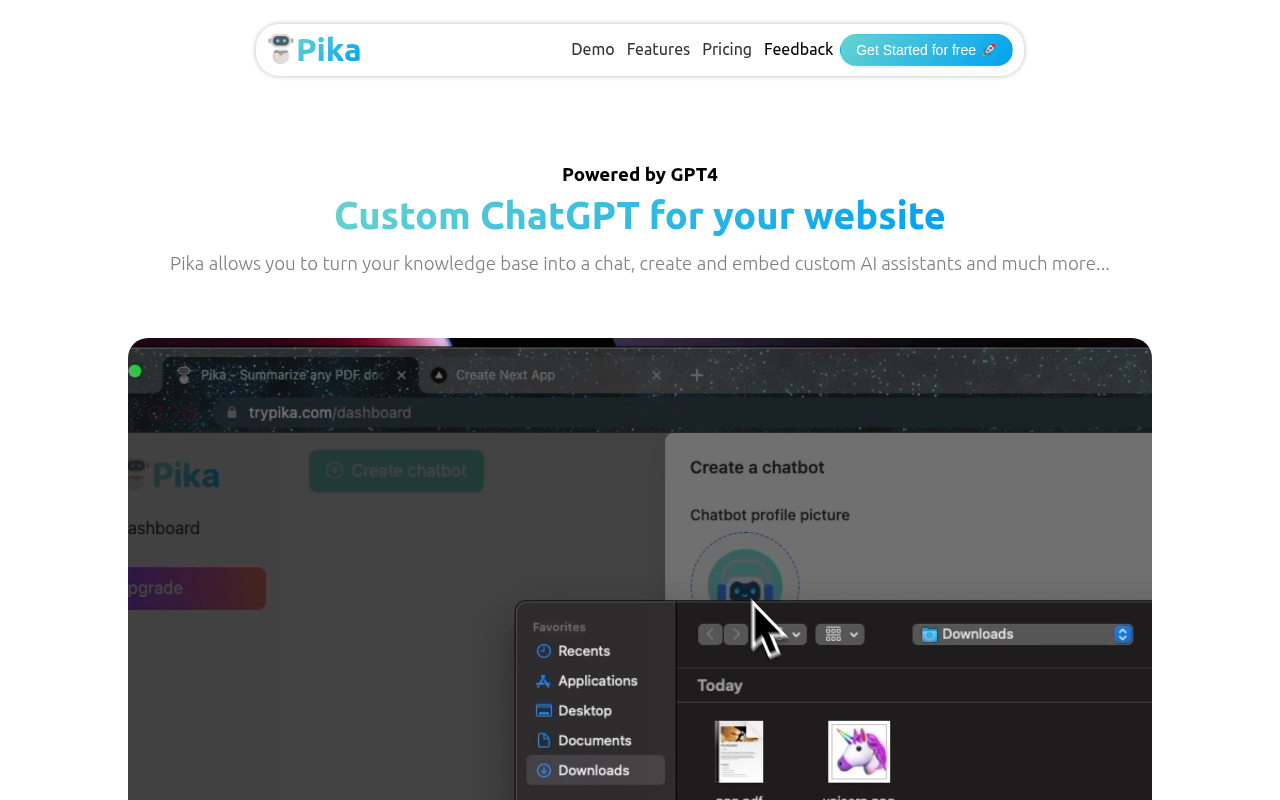 Screenshot of Pika: Transform Your Website Knowledge Base into a Smart AI Chatbot