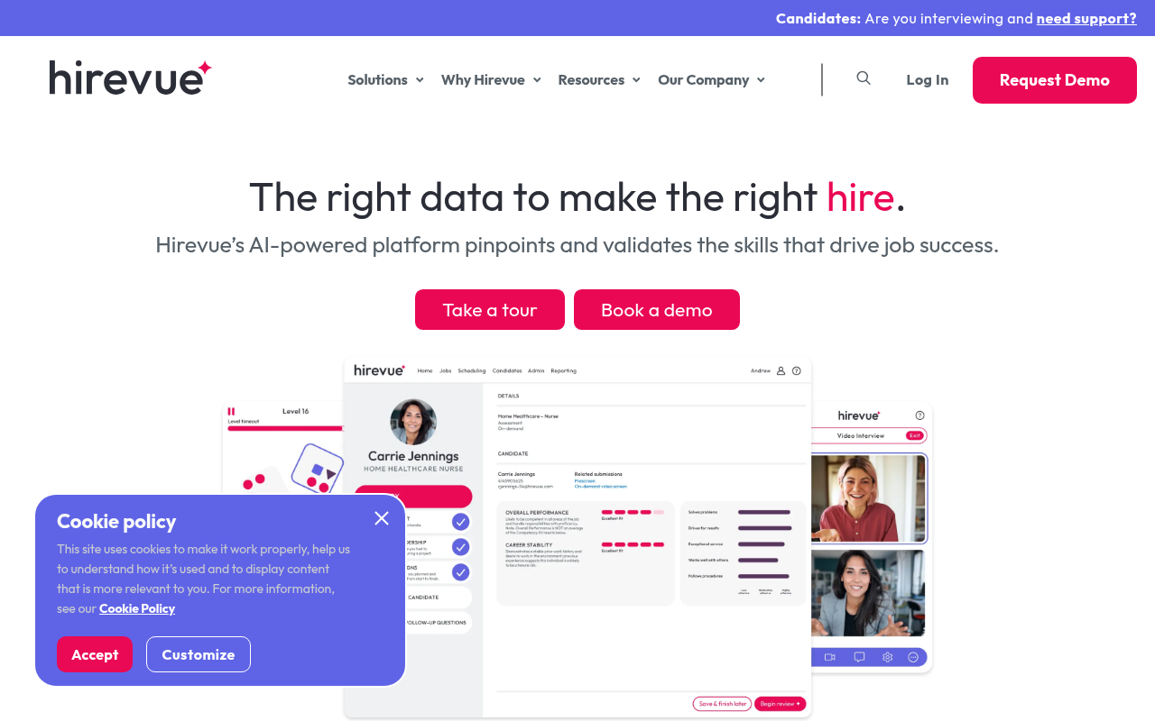 Screenshot of HireVue: Supercharging Hiring with AI Video Interviews and Assessments